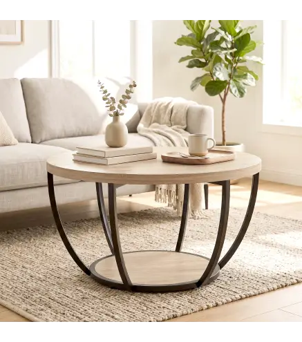 Mesa de Centro Redonda para Salón con Estante de Almacenamiento y Marco de Metal 80x80x43,8 cm Roble