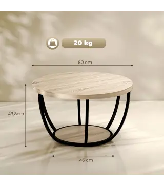 Mesa de Centro Redonda para Salón con Estante de Almacenamiento y Marco de Metal 80x80x43,8 cm Roble