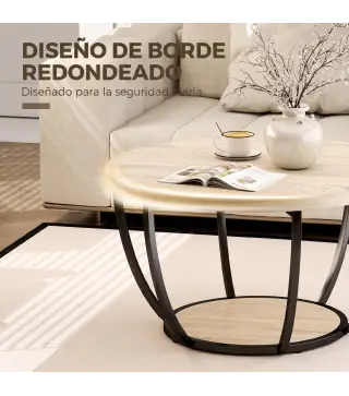 Mesa de Centro Redonda para Salón con Estante de Almacenamiento y Marco de Metal 80x80x43,8 cm Roble