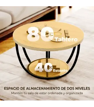 Mesa de Centro Redonda para Salón con Estante de Almacenamiento y Marco de Metal 80x80x43,8 cm Roble