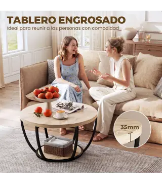 Mesa de Centro Redonda para Salón con Estante de Almacenamiento y Marco de Metal 80x80x43,8 cm Roble