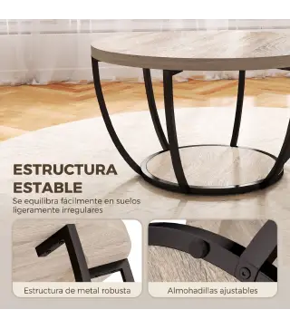 Mesa de Centro Redonda para Salón con Estante de Almacenamiento y Marco de Metal 80x80x43,8 cm Roble