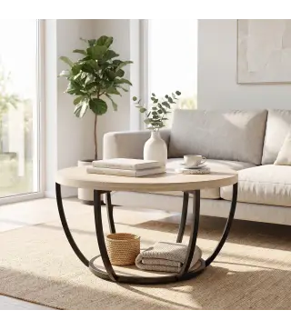 Mesa de Centro Redonda para Salón con Estante de Almacenamiento y Marco de Metal 80x80x43,8 cm Roble