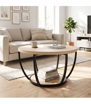 Mesa de Centro Redonda para Salón con Estante de Almacenamiento y Marco de Metal 80x80x43,8 cm Roble