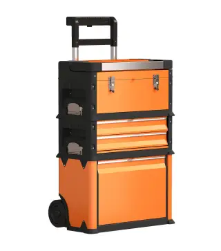 Caja de Herramientas con Ruedas Apilable Carro de Herramientas de Acero con Bandeja Mango Telescópico Naranja y Negro