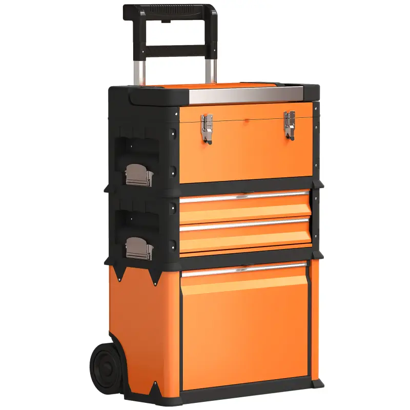 Caja de Herramientas con Ruedas Apilable Carro de Herramientas de Acero con Bandeja Mango Telescópico Naranja y Negro