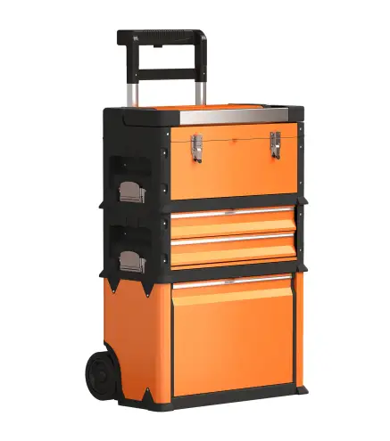 Caja de Herramientas con Ruedas Apilable Carro de Herramientas de Acero con Bandeja Mango Telescópico Naranja y Negro