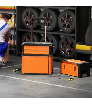 Caja de Herramientas con Ruedas Apilable Carro de Herramientas de Acero con Bandeja Mango Telescópico Naranja y Negro