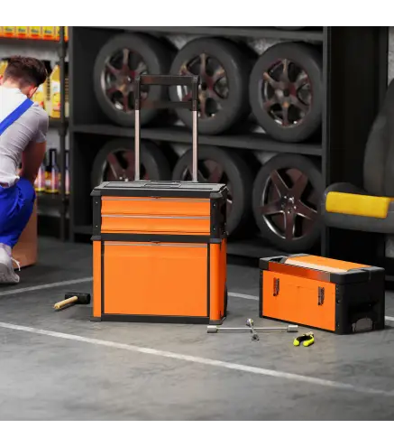 Caja de Herramientas con Ruedas Apilable Carro de Herramientas de Acero con Bandeja Mango Telescópico Naranja y Negro