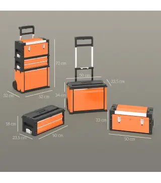 Caja de Herramientas con Ruedas Apilable Carro de Herramientas de Acero con Bandeja Mango Telescópico Naranja y Negro