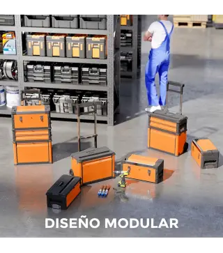 Caja de Herramientas con Ruedas Apilable Carro de Herramientas de Acero con Bandeja Mango Telescópico Naranja y Negro