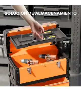 Caja de Herramientas con Ruedas Apilable Carro de Herramientas de Acero con Bandeja Mango Telescópico Naranja y Negro