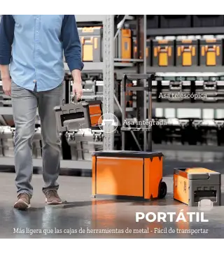 Caja de Herramientas con Ruedas Apilable Carro de Herramientas de Acero con Bandeja Mango Telescópico Naranja y Negro