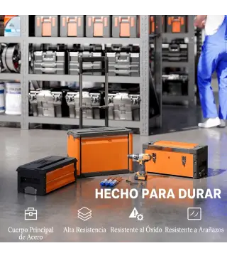 Caja de Herramientas con Ruedas Apilable Carro de Herramientas de Acero con Bandeja Mango Telescópico Naranja y Negro