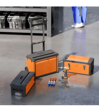 Caja de Herramientas con Ruedas Apilable Carro de Herramientas de Acero con Bandeja Mango Telescópico Naranja y Negro