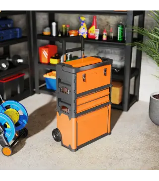 Caja de Herramientas con Ruedas Apilable Carro de Herramientas de Acero con Bandeja Mango Telescópico Naranja y Negro