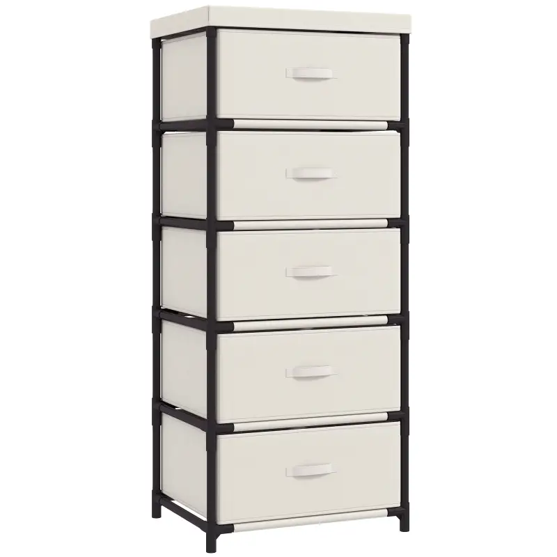 Cómoda para Dormitorio con 5 Cajones de Tela Marco de Acero Cajonera para Salón Oficina Vestidor Beige
