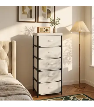 Cómoda para Dormitorio con 5 Cajones de Tela Marco de Acero Cajonera para Salón Oficina Vestidor Beige
