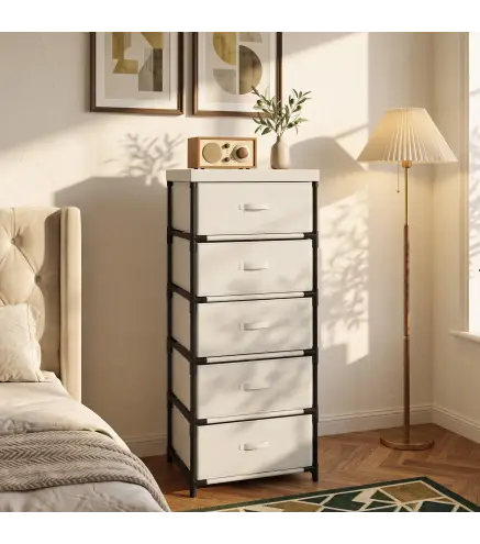 Cómoda para Dormitorio con 5 Cajones de Tela Marco de Acero Cajonera para Salón Oficina Vestidor Beige