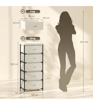 Cómoda para Dormitorio con 5 Cajones de Tela Marco de Acero Cajonera para Salón Oficina Vestidor Beige