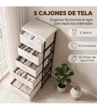 Cómoda para Dormitorio con 5 Cajones de Tela Marco de Acero Cajonera para Salón Oficina Vestidor Beige