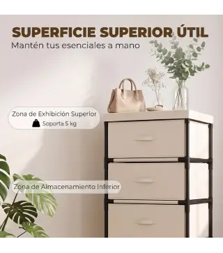 Cómoda para Dormitorio con 5 Cajones de Tela Marco de Acero Cajonera para Salón Oficina Vestidor Beige