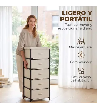 Cómoda para Dormitorio con 5 Cajones de Tela Marco de Acero Cajonera para Salón Oficina Vestidor Beige
