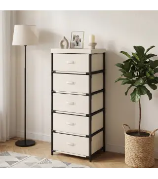 Cómoda para Dormitorio con 5 Cajones de Tela Marco de Acero Cajonera para Salón Oficina Vestidor Beige
