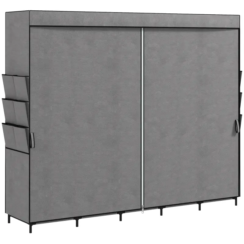Armario de Tela con 5 Barras 5 Estantes 6 Bolsillos Laterales Cremallera Marco de Acero 212x45x167 cm Gris