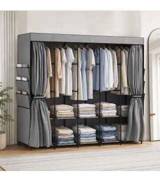 Armario de Tela con 5 Barras 5 Estantes 6 Bolsillos Laterales Cremallera Marco de Acero 212x45x167 cm Gris