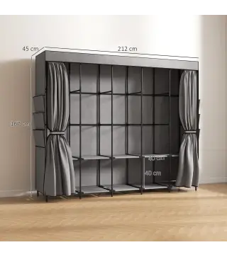 Armario de Tela con 5 Barras 5 Estantes 6 Bolsillos Laterales Cremallera Marco de Acero 212x45x167 cm Gris