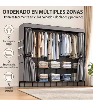 Armario de Tela con 5 Barras 5 Estantes 6 Bolsillos Laterales Cremallera Marco de Acero 212x45x167 cm Gris
