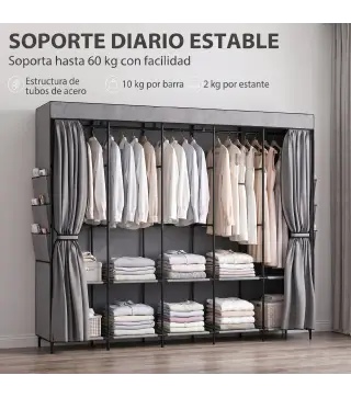 Armario de Tela con 5 Barras 5 Estantes 6 Bolsillos Laterales Cremallera Marco de Acero 212x45x167 cm Gris