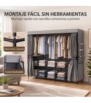 Armario de Tela con 5 Barras 5 Estantes 6 Bolsillos Laterales Cremallera Marco de Acero 212x45x167 cm Gris