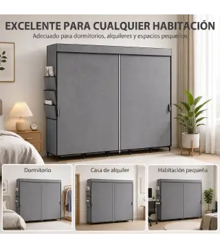 Armario de Tela con 5 Barras 5 Estantes 6 Bolsillos Laterales Cremallera Marco de Acero 212x45x167 cm Gris
