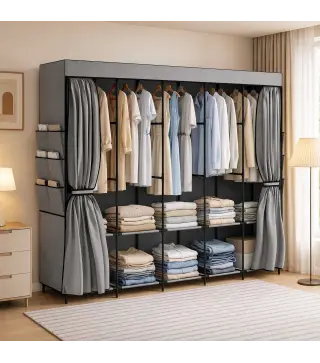 Armario de Tela con 5 Barras 5 Estantes 6 Bolsillos Laterales Cremallera Marco de Acero 212x45x167 cm Gris