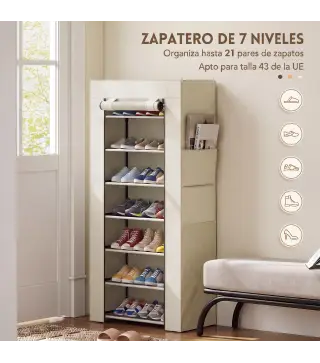 Zapatero de 7 Niveles, Zapatero Estrecho de Acero con Funda de Tela no Tejida 2 Bolsillos para 14-21 Pares Beige