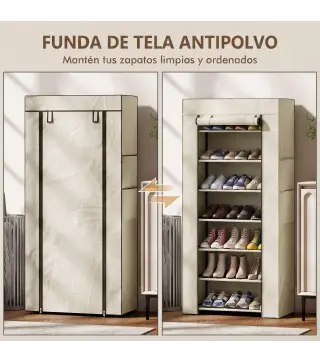 Zapatero de 7 Niveles, Zapatero Estrecho de Acero con Funda de Tela no Tejida 2 Bolsillos para 14-21 Pares Beige