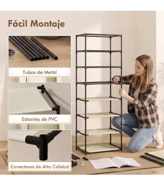 Zapatero de 7 Niveles, Zapatero Estrecho de Acero con Funda de Tela no Tejida 2 Bolsillos para 14-21 Pares Beige