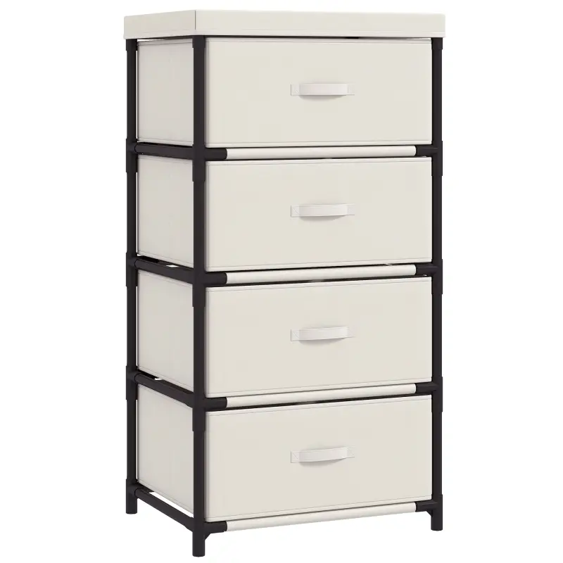Cómoda para Dormitorio con 4 Cajones de Tela Marco de Acero Cajonera para Salón Oficina Vestidor Beige