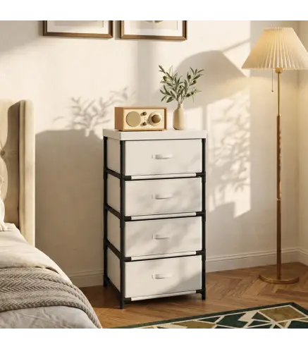 Cómoda para Dormitorio con 4 Cajones de Tela Marco de Acero Cajonera para Salón Oficina Vestidor Beige