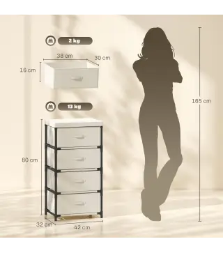 Cómoda para Dormitorio con 4 Cajones de Tela Marco de Acero Cajonera para Salón Oficina Vestidor Beige