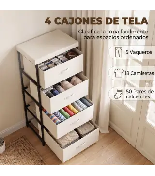 Cómoda para Dormitorio con 4 Cajones de Tela Marco de Acero Cajonera para Salón Oficina Vestidor Beige