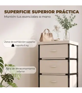 Cómoda para Dormitorio con 4 Cajones de Tela Marco de Acero Cajonera para Salón Oficina Vestidor Beige