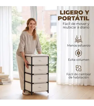 Cómoda para Dormitorio con 4 Cajones de Tela Marco de Acero Cajonera para Salón Oficina Vestidor Beige