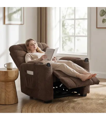 Sillón Relax Reclinable Eléctrico Calor Lumbar Masaje Vibración Motor Silencioso Función Memoria Bolsillos USB Marrón