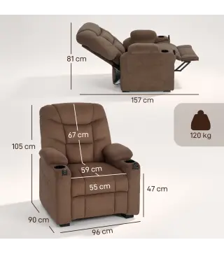 Sillón Relax Reclinable Eléctrico Calor Lumbar Masaje Vibración Motor Silencioso Función Memoria Bolsillos USB Marrón
