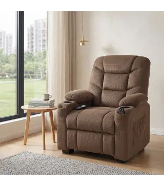 Sillón Relax Reclinable Eléctrico Calor Lumbar Masaje Vibración Motor Silencioso Función Memoria Bolsillos USB Marrón