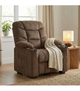 Sillón Relax Reclinable Eléctrico Calor Lumbar Masaje Vibración Motor Silencioso Función Memoria Bolsillos USB Marrón