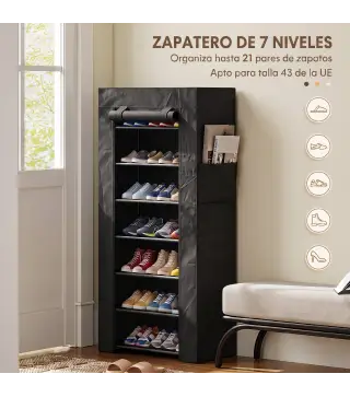 Zapatero de 7 Niveles, Zapatero Estrecho de Acero con Funda de Tela no Tejida 2 Bolsillos para 14-21 Pares Negro
